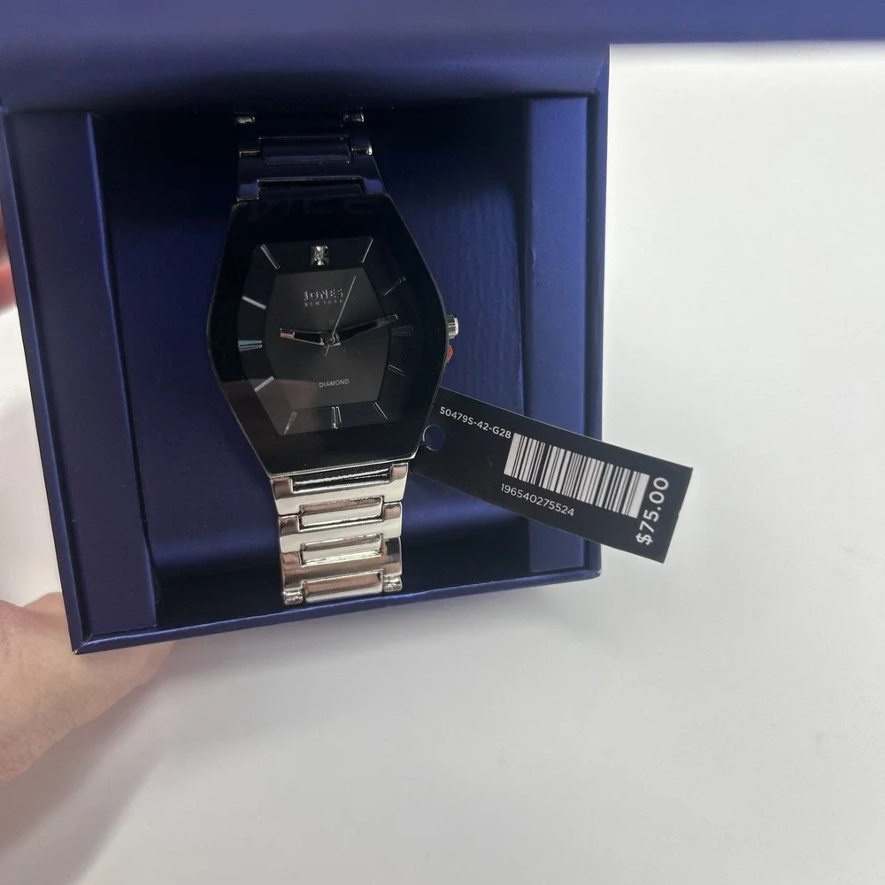 NIB Jones New York Diamond Men's Watch Silver Tone Black Face